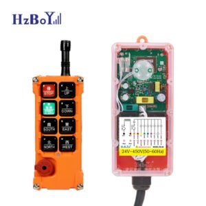 HZBOY F21-E1BE industrial radio remote control with emergency stop and AC 24–450V receiver