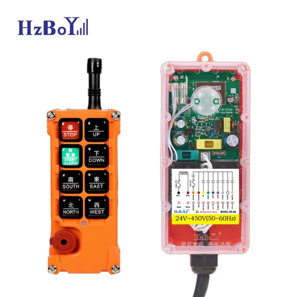 HZBOY F21-E1BE industrial radio remote control with emergency stop and AC 24–450V receiver