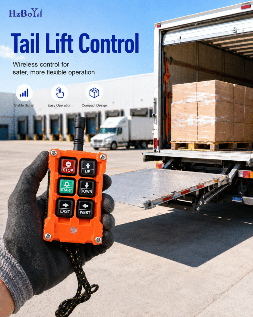 HZBOY F21-4S wireless remote control operating a truck tail lift