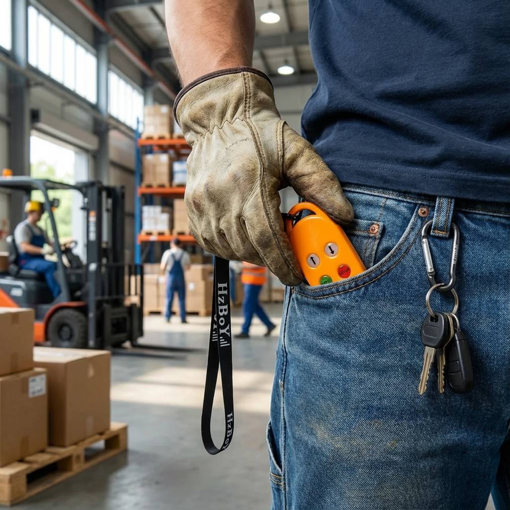 HZBOY M2 compact rechargeable two-button remote control carried in a worker pocket