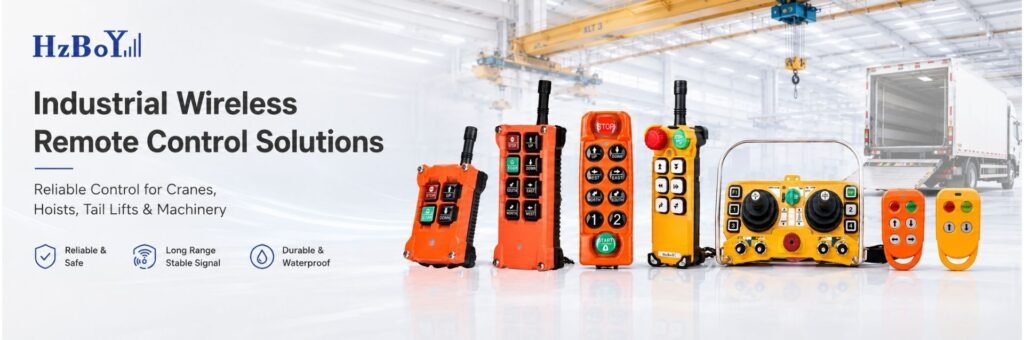 HZBOY industrial wireless remote control solutions for cranes, hoists, tail lifts and machinery