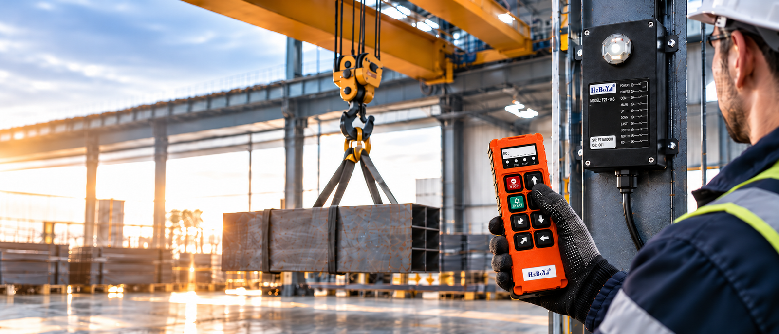 LUNAR L6 remote control and receiver in an industrial workshop