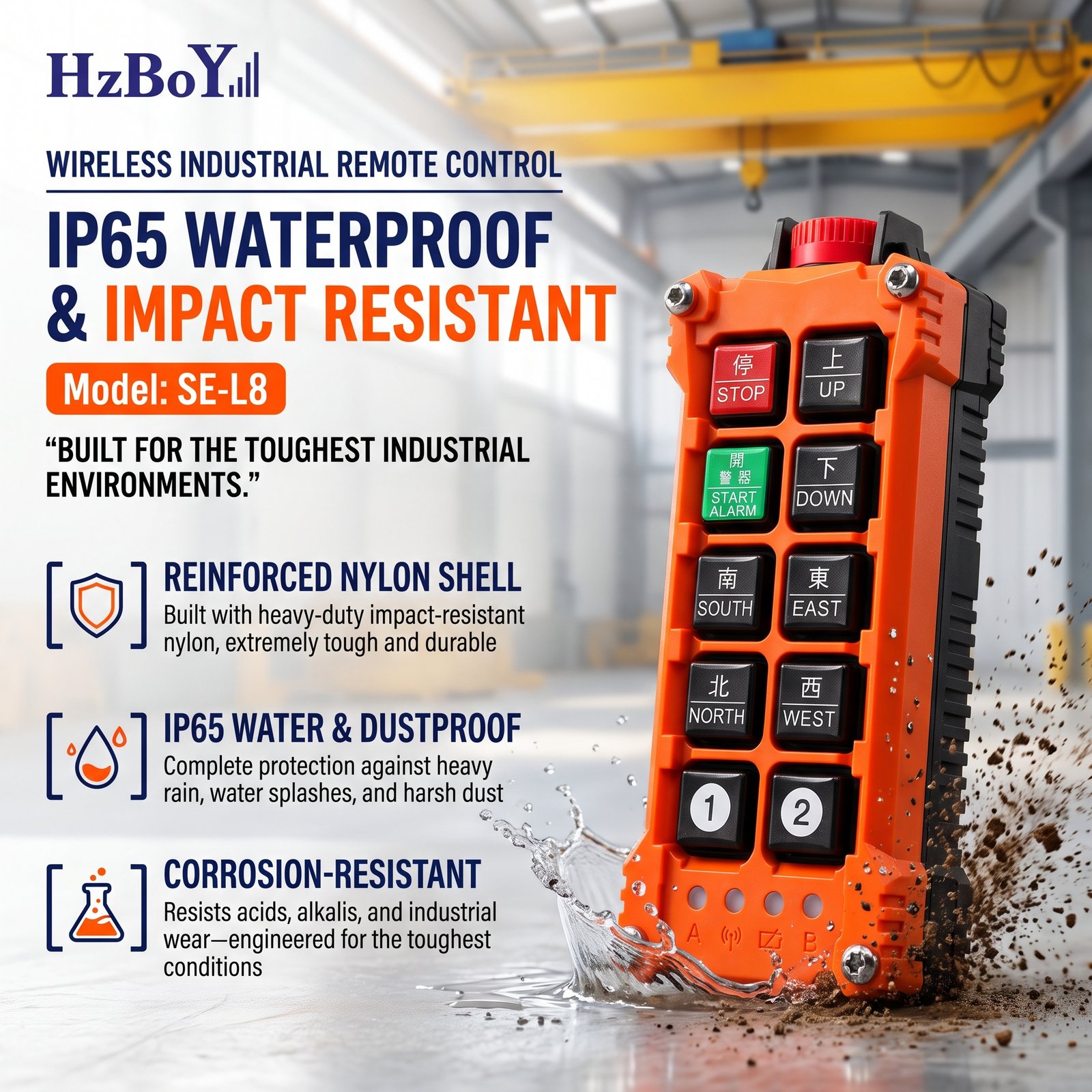 HZBOY SE-L8 8-button industrial wireless remote control with emergency stop, stable 433MHz signal, reinforced nylon housing, IP65 protection and multiple receiver voltage options for industrial machinery applications.