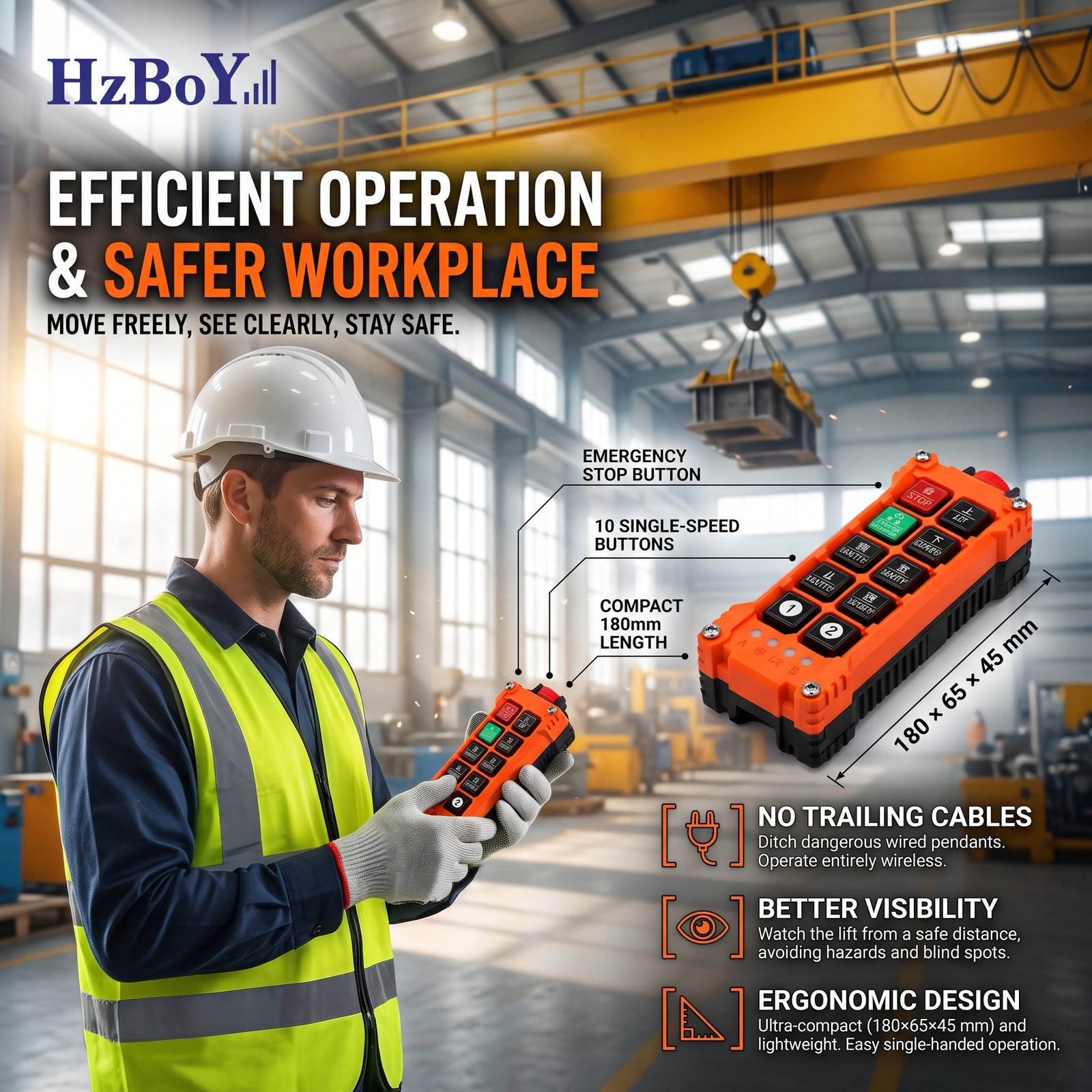HZBOY SE-L8 industrial wireless remote control operated by a worker for overhead crane lifting, offering flexible movement, clear visibility and ergonomic handheld control.