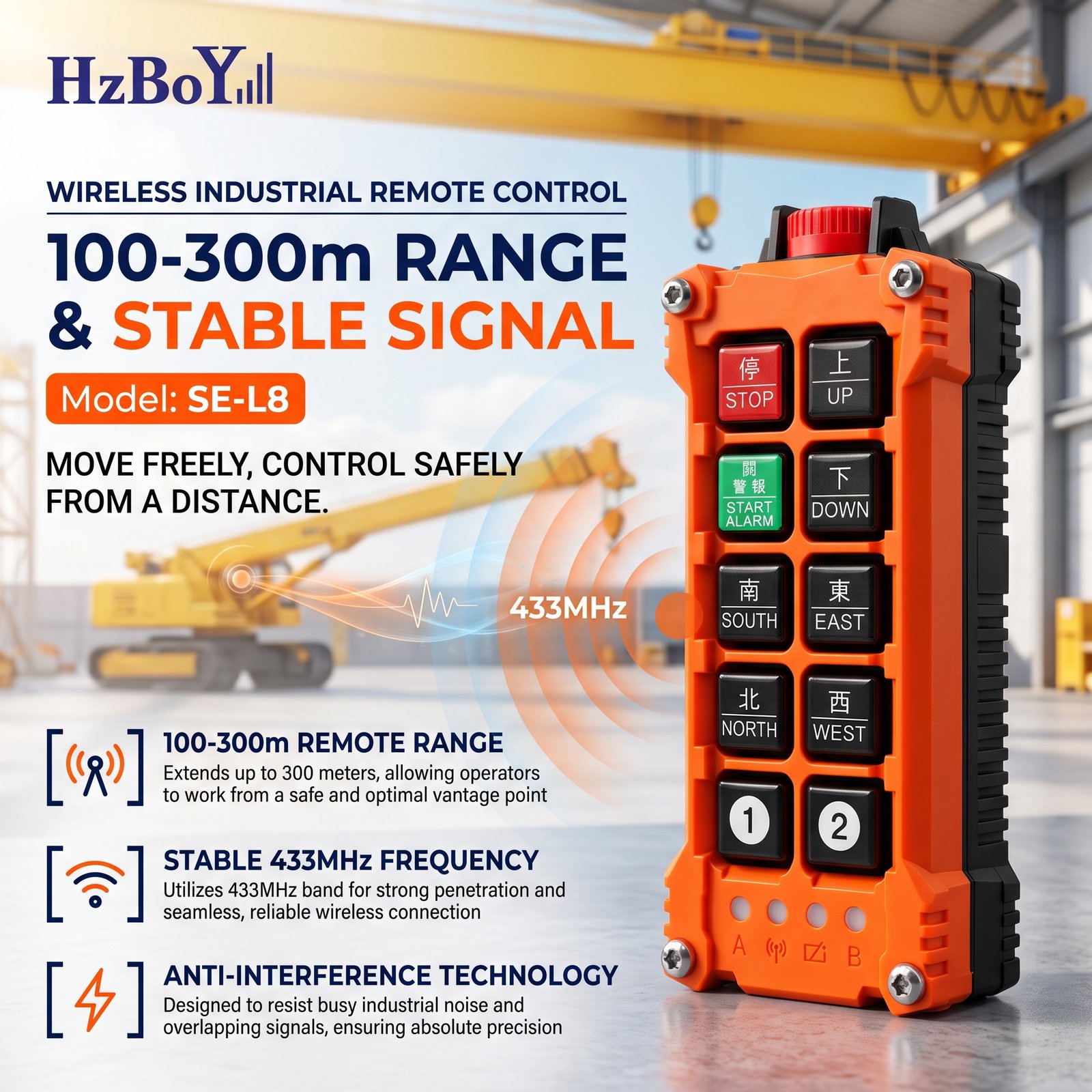 HZBOY SE-L8 industrial wireless remote control featuring 433MHz communication, stable signal transmission and long-range machinery control.