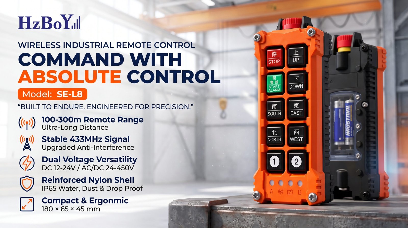HZBOY SE-L8 industrial wireless remote control featuring emergency stop, 433MHz signal, IP65 reinforced nylon housing and 8-button control.